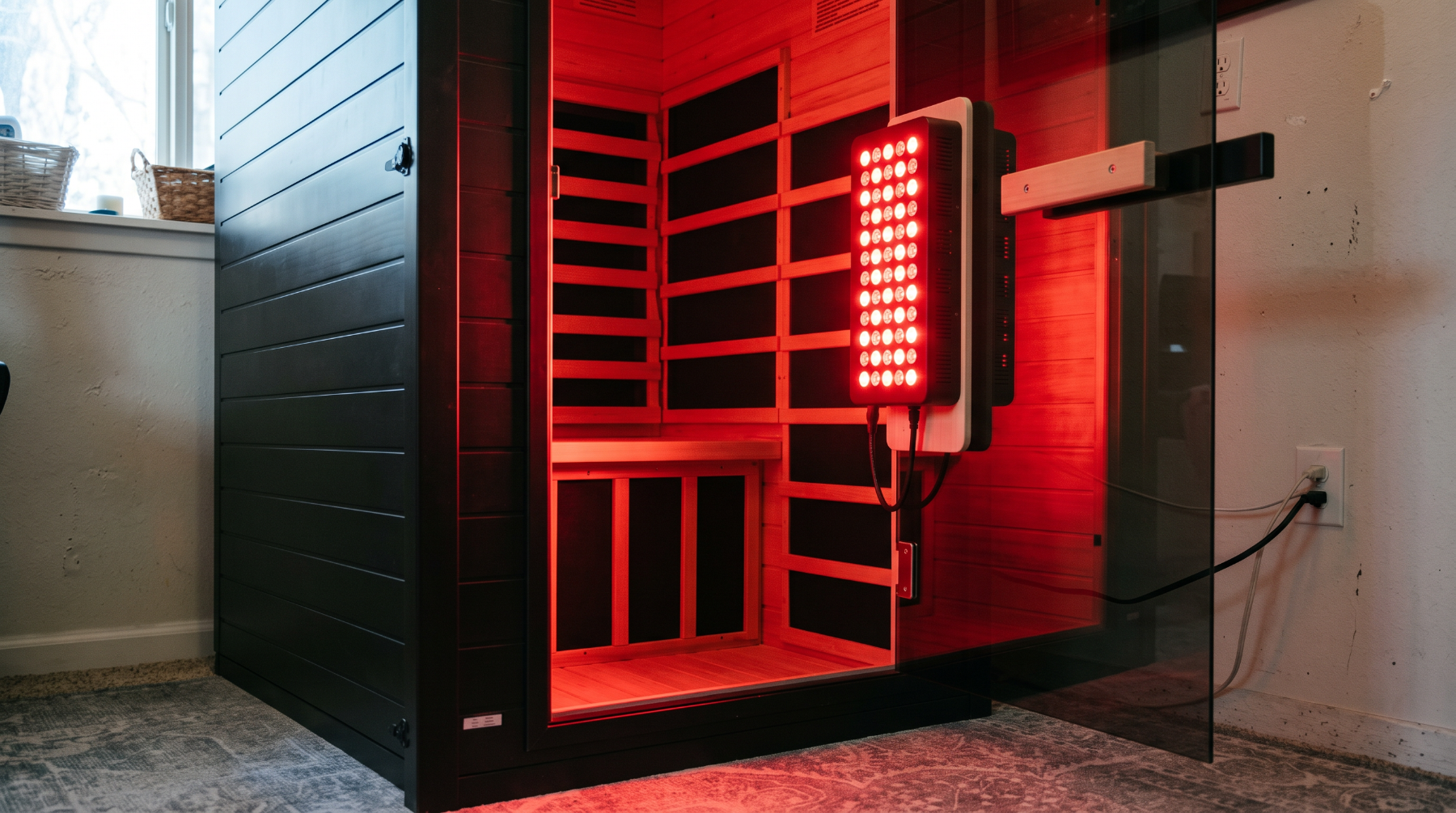 SaunaBox Solara with the red light panel lit inside the open door