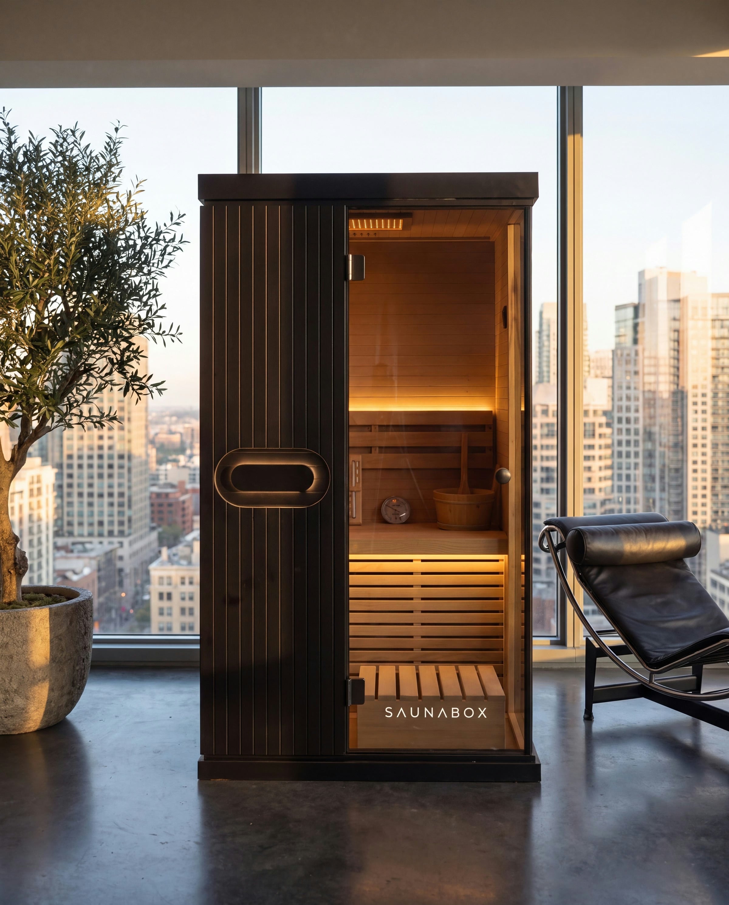 SaunaBox Forge Indoor, a black 1-person sauna with a full-length glass door, in a high-rise living room