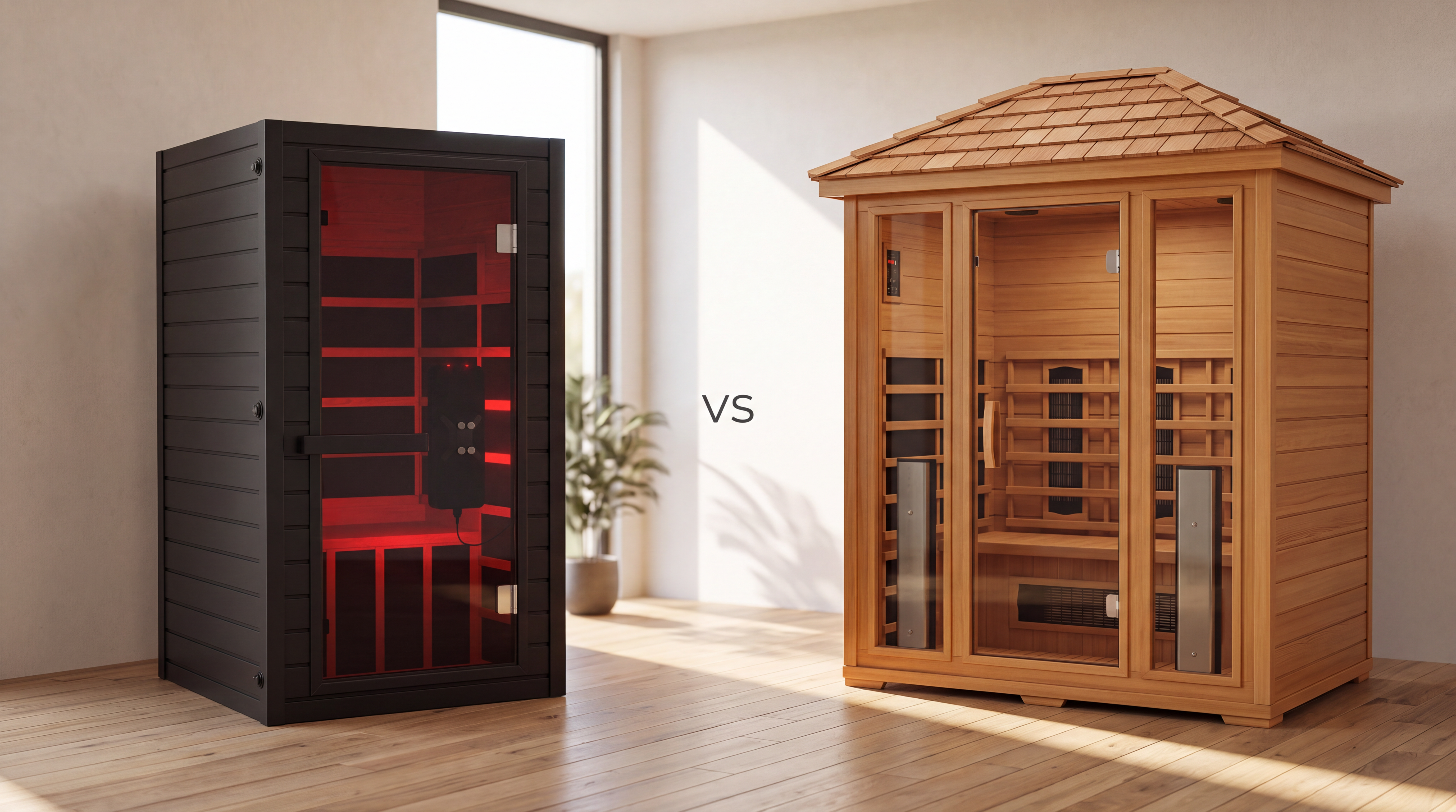 SaunaBox Solara one-person infrared sauna beside a larger two-person cedar infrared sauna cabin in a home interior