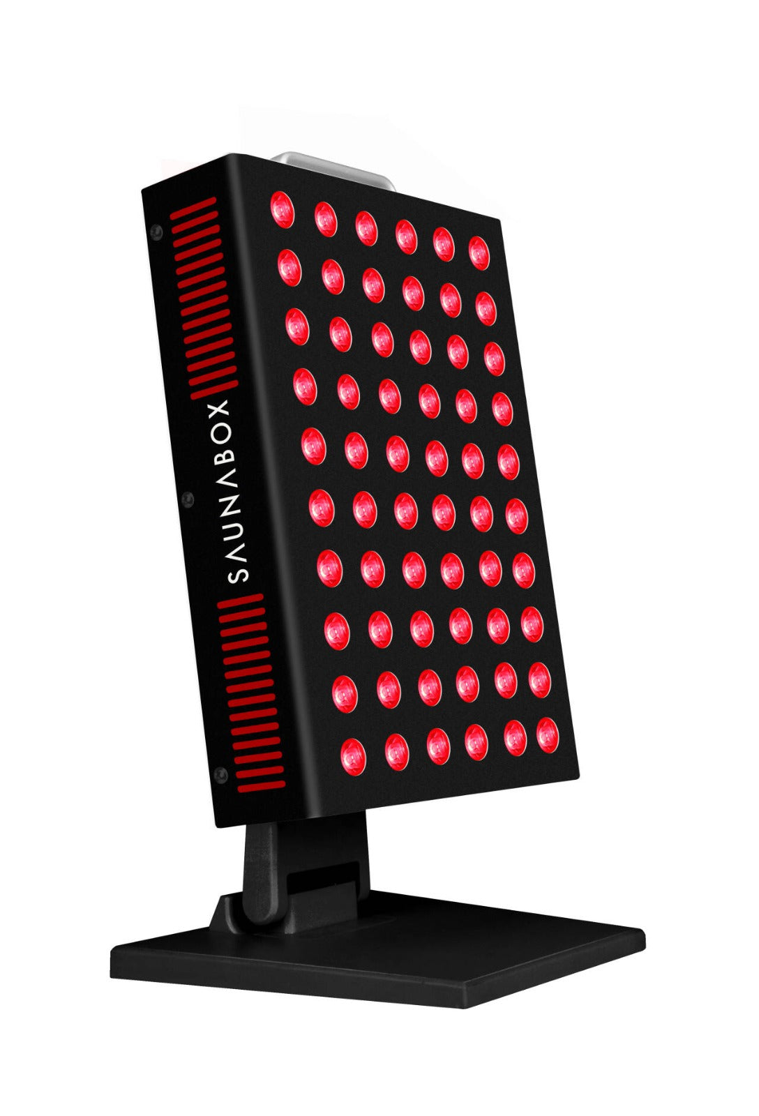 Black LED light device with red lights on a white background