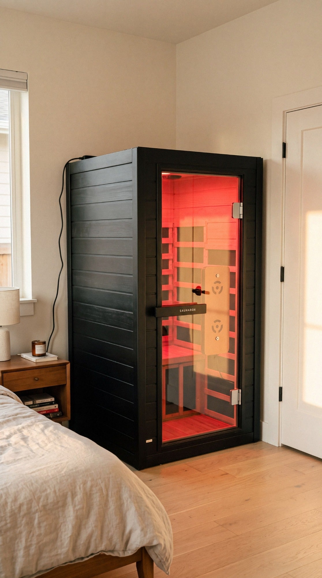 SaunaBox Solara infrared sauna in a bedroom