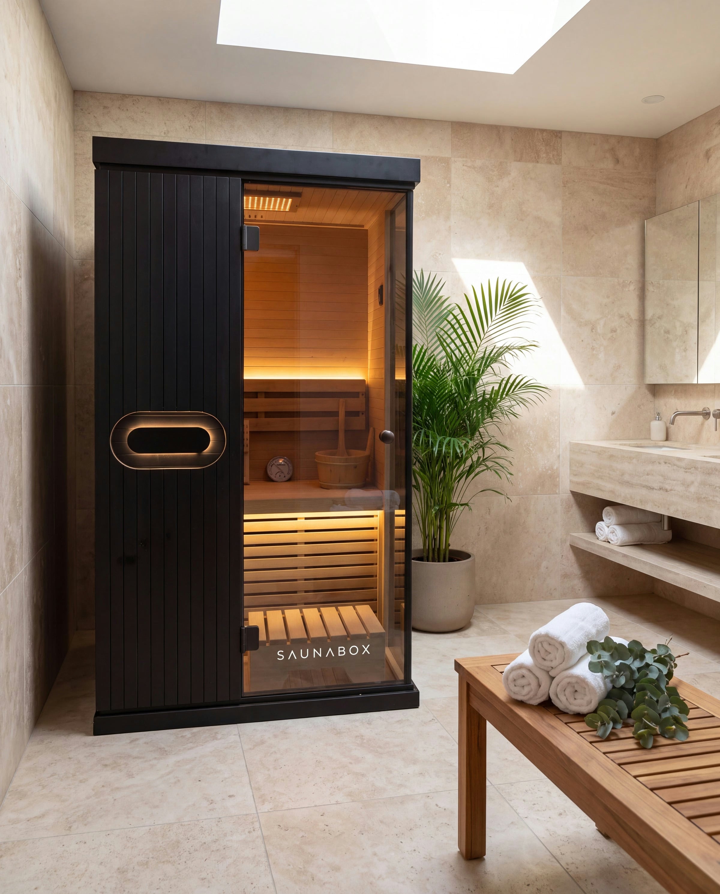 Forge Indoor in a stone ensuite with towels on a teak bench