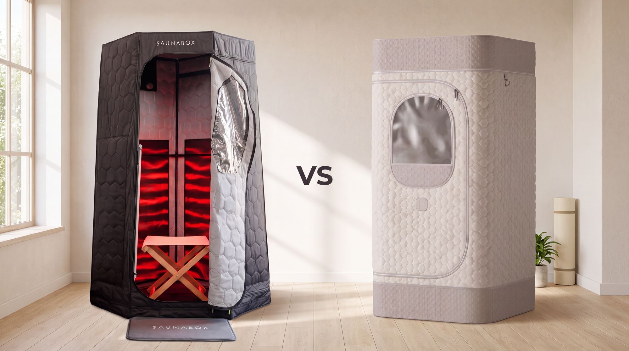 SaunaBox Pulse PRO infrared sauna next to a HoMedics Premium Steam Sauna in a home gym