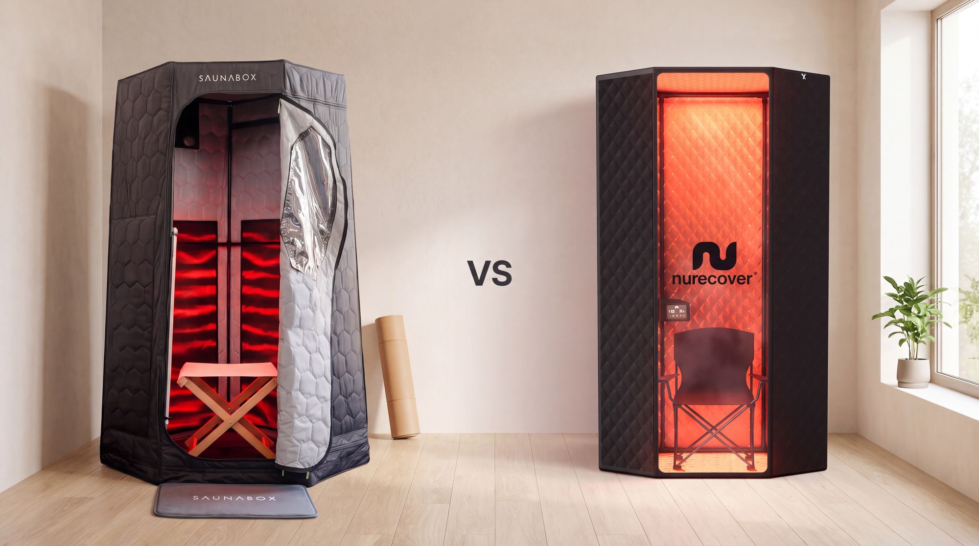 SaunaBox Pulse PRO portable infrared sauna next to a Nurecover SaunaPro portable sauna