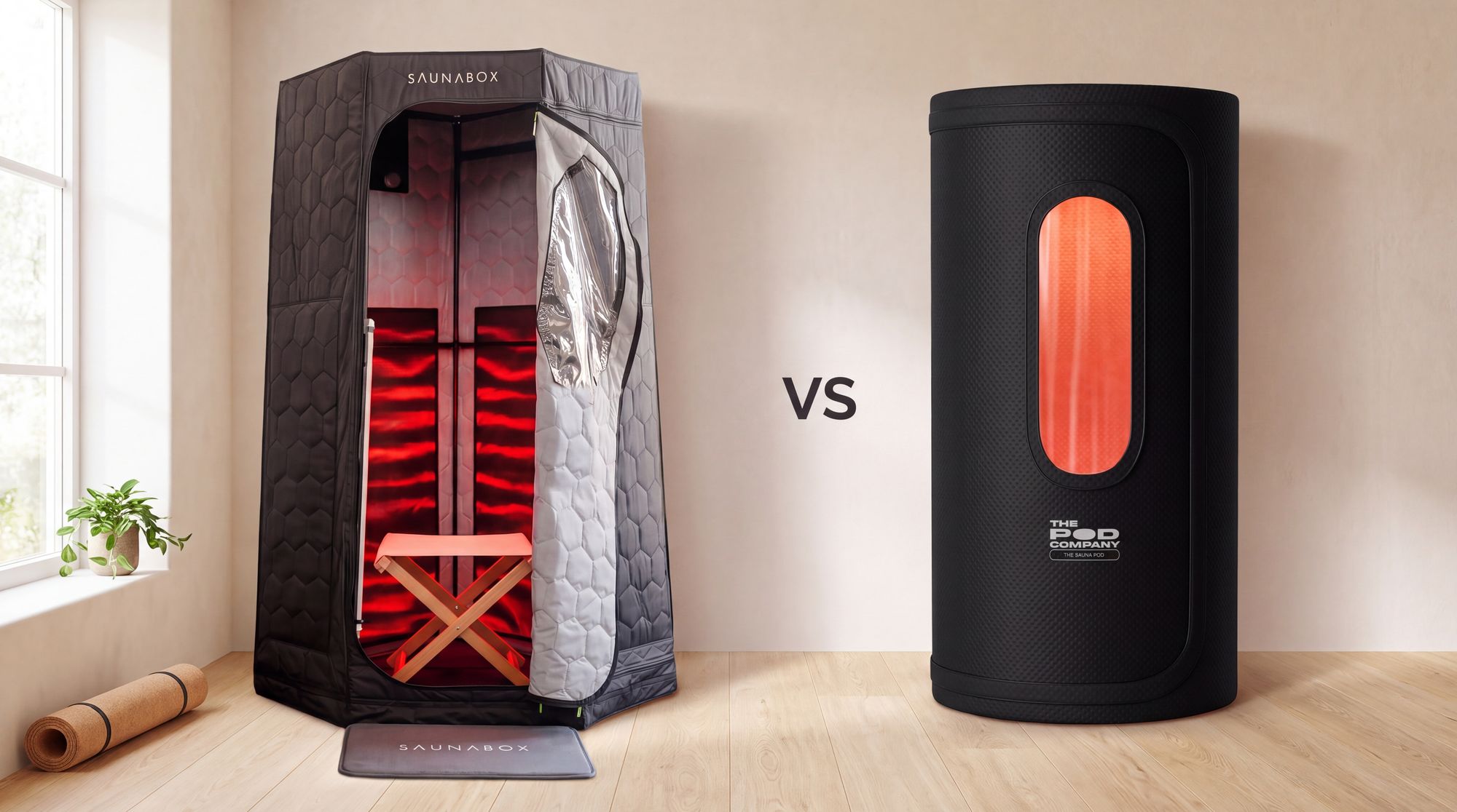 SaunaBox Pulse PRO portable infrared sauna next to The Pod Company Sauna Pod 2.0 in a home gym