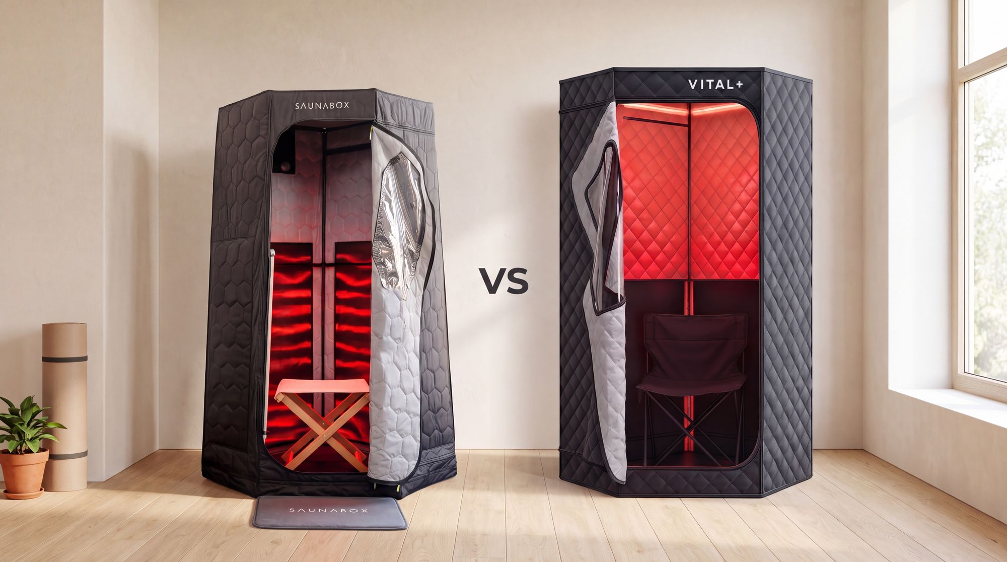 SaunaBox Pulse PRO portable infrared sauna next to the Vital+ SaunaPod Infrared