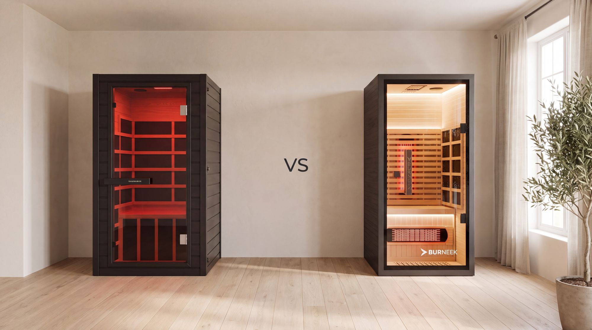 SaunaBox Solara 1-person infrared sauna next to a Burneek Onyxeek 1-person infrared sauna