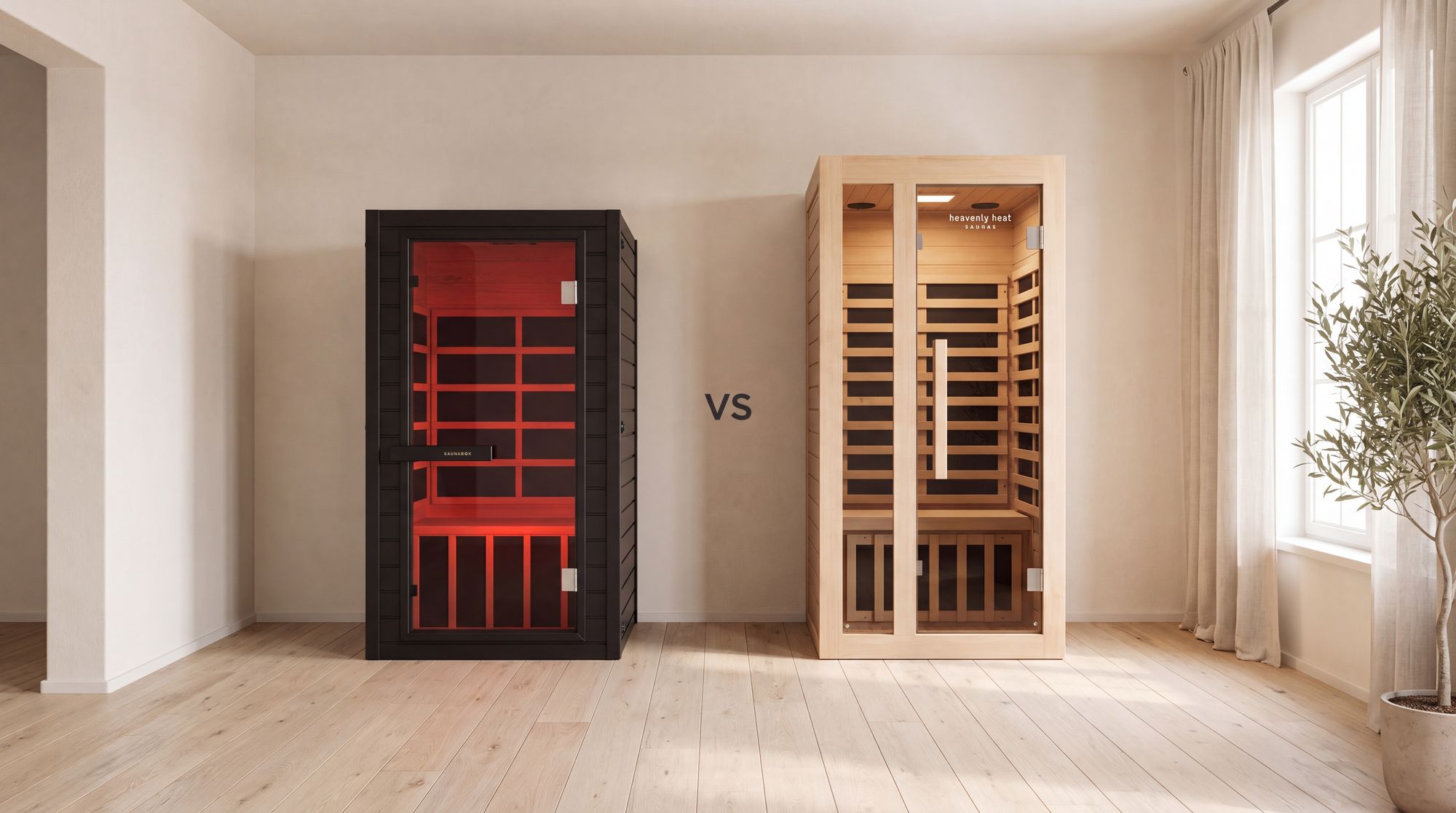 SaunaBox Solara 1-person infrared sauna next to a Heavenly Heat 1-Person Infrared Sauna in a bright room