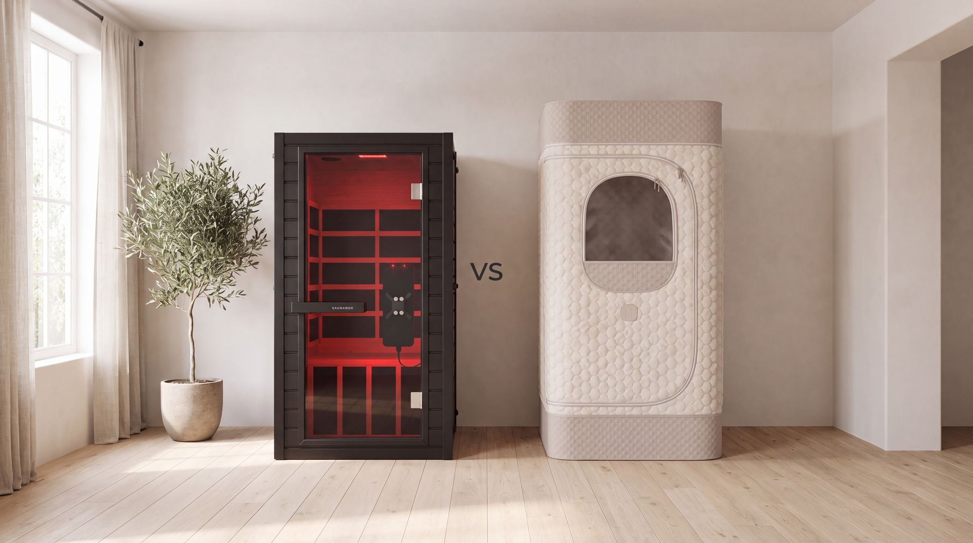SaunaBox Solara infrared sauna next to a HoMedics Premium Steam Sauna tent in a bright home room