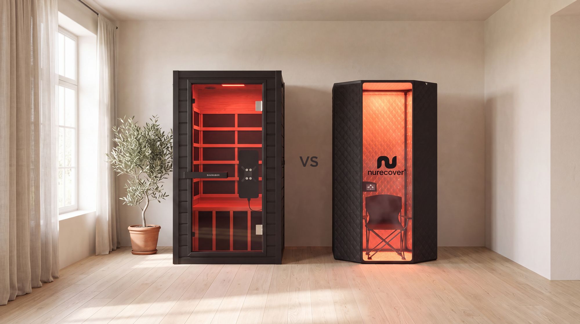 SaunaBox Solara hemlock infrared sauna next to the Nurecover SaunaPro portable sauna
