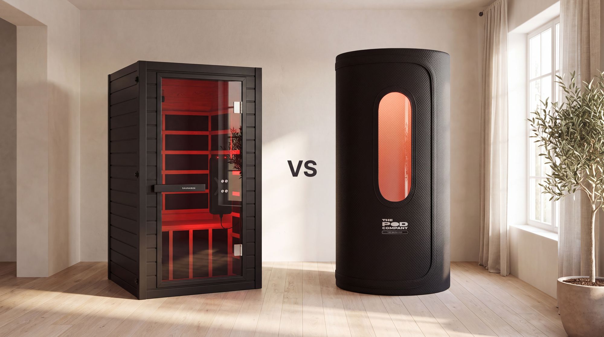SaunaBox Solara infrared cabin next to The Sauna Pod 2.0 portable sauna