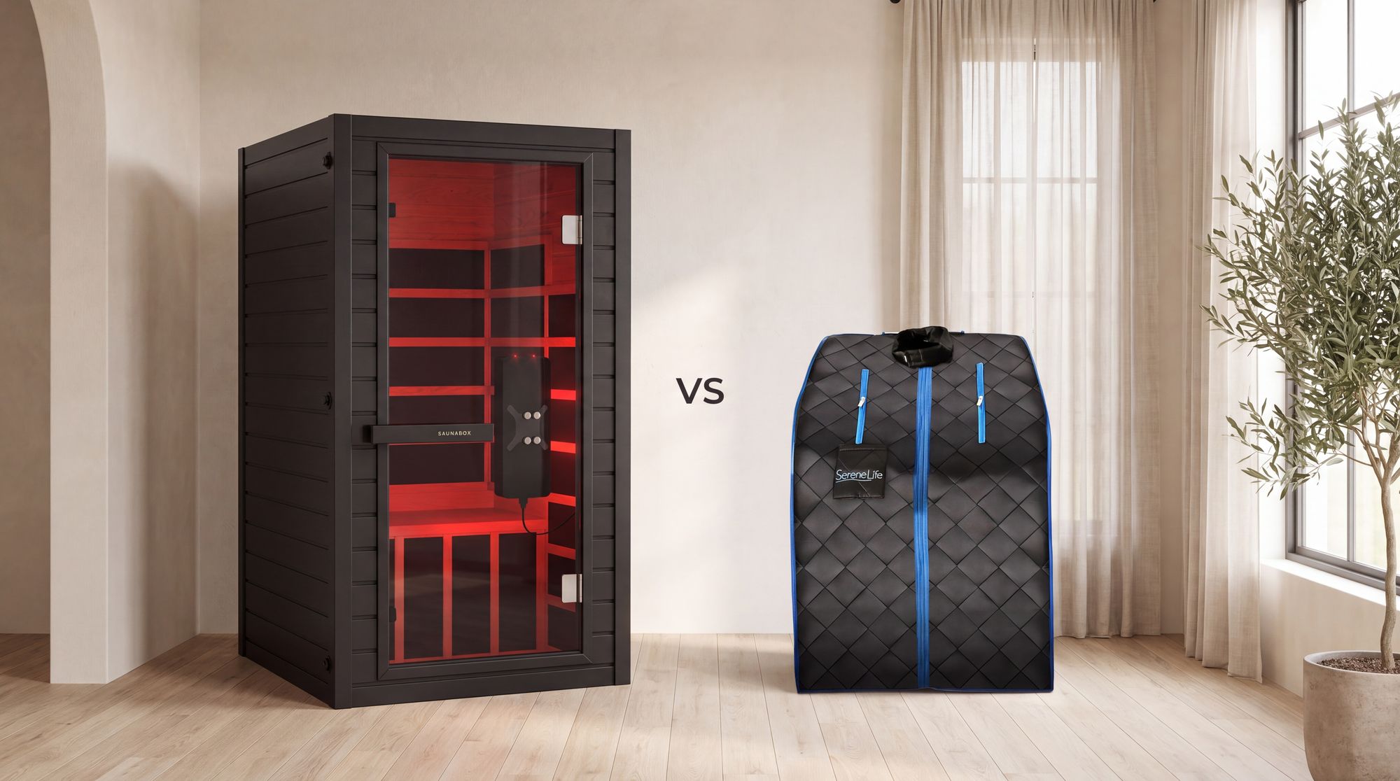 SaunaBox Solara infrared cabin next to a SereneLife portable infrared sauna tent in a home gym
